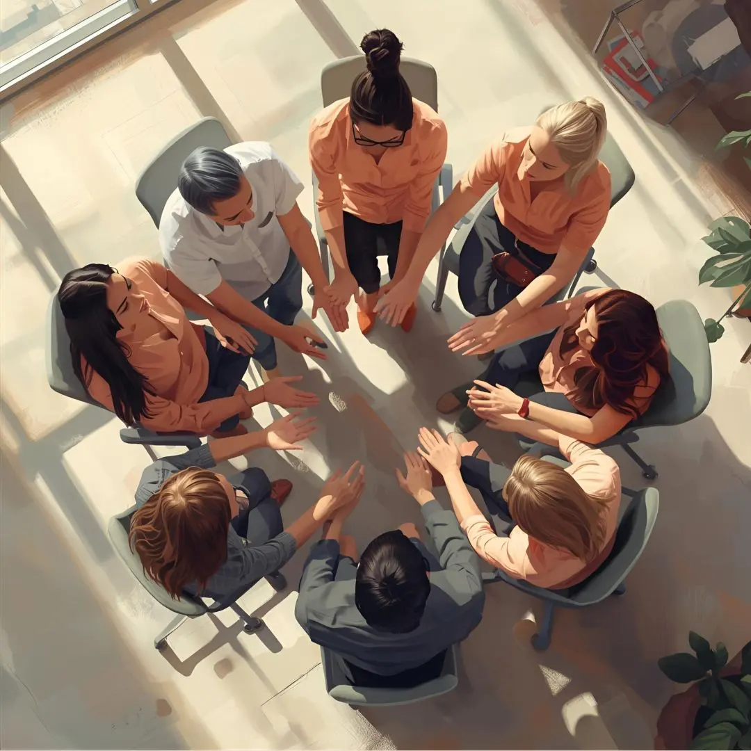 atelier de sophrologie pour l'amélioration du bien-être, la synergie et la productivité Un cercle de salarié qui ameliorent leur bien-être en entreprise